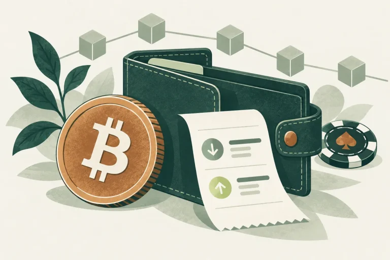 Moeda Bitcoin ao lado de uma carteira e um comprovante de movimentações.