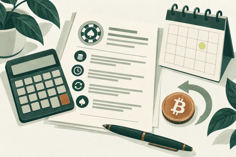 Calculadora, calendário e documento de condições de bônus com criptomoedas.