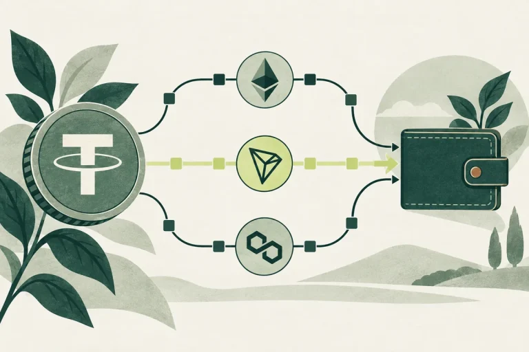 Ilustração de USDT conectado a uma carteira por diferentes redes blockchain.